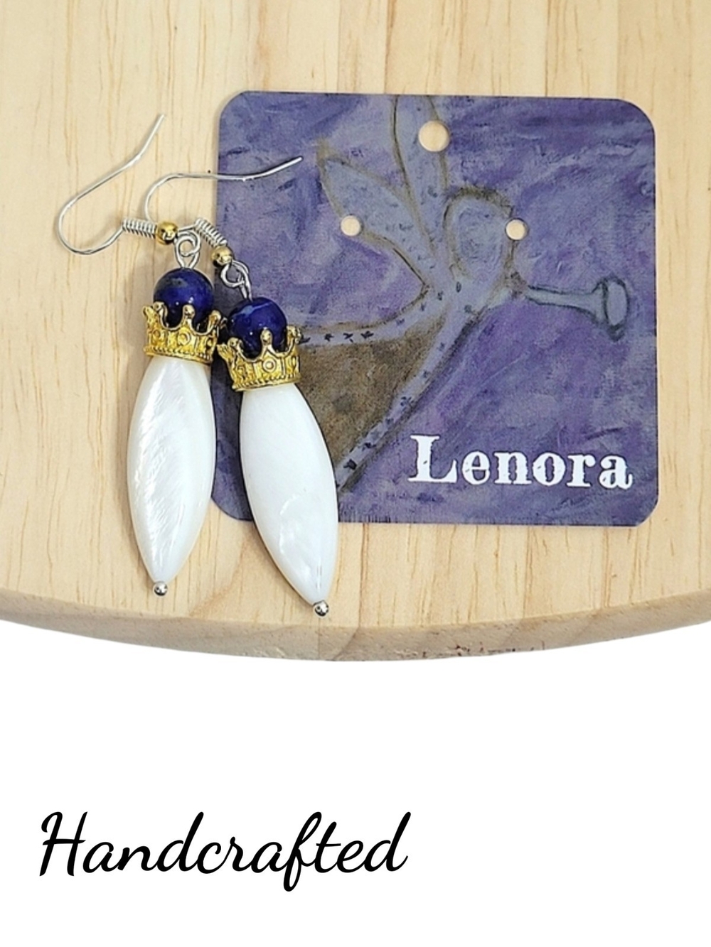 Hand Crafted Lapis Earrings Gold Crown Blue White Dangle With Vintage Shell